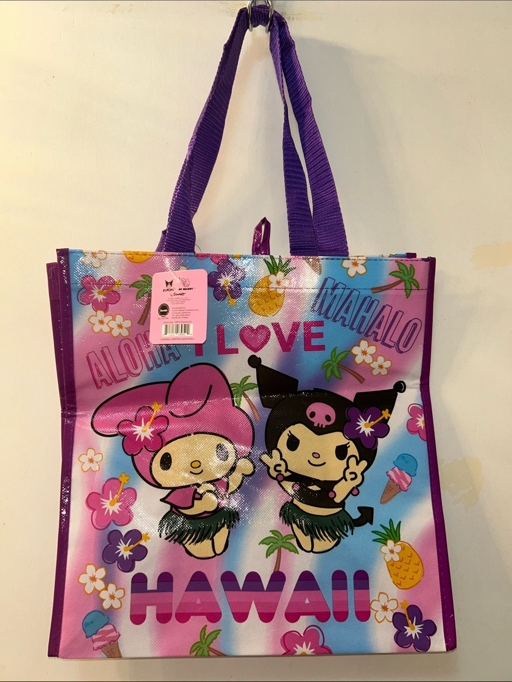2023 My Melody & Kuromi Hawaii Plastic Tote Bag in Purple and Pink
